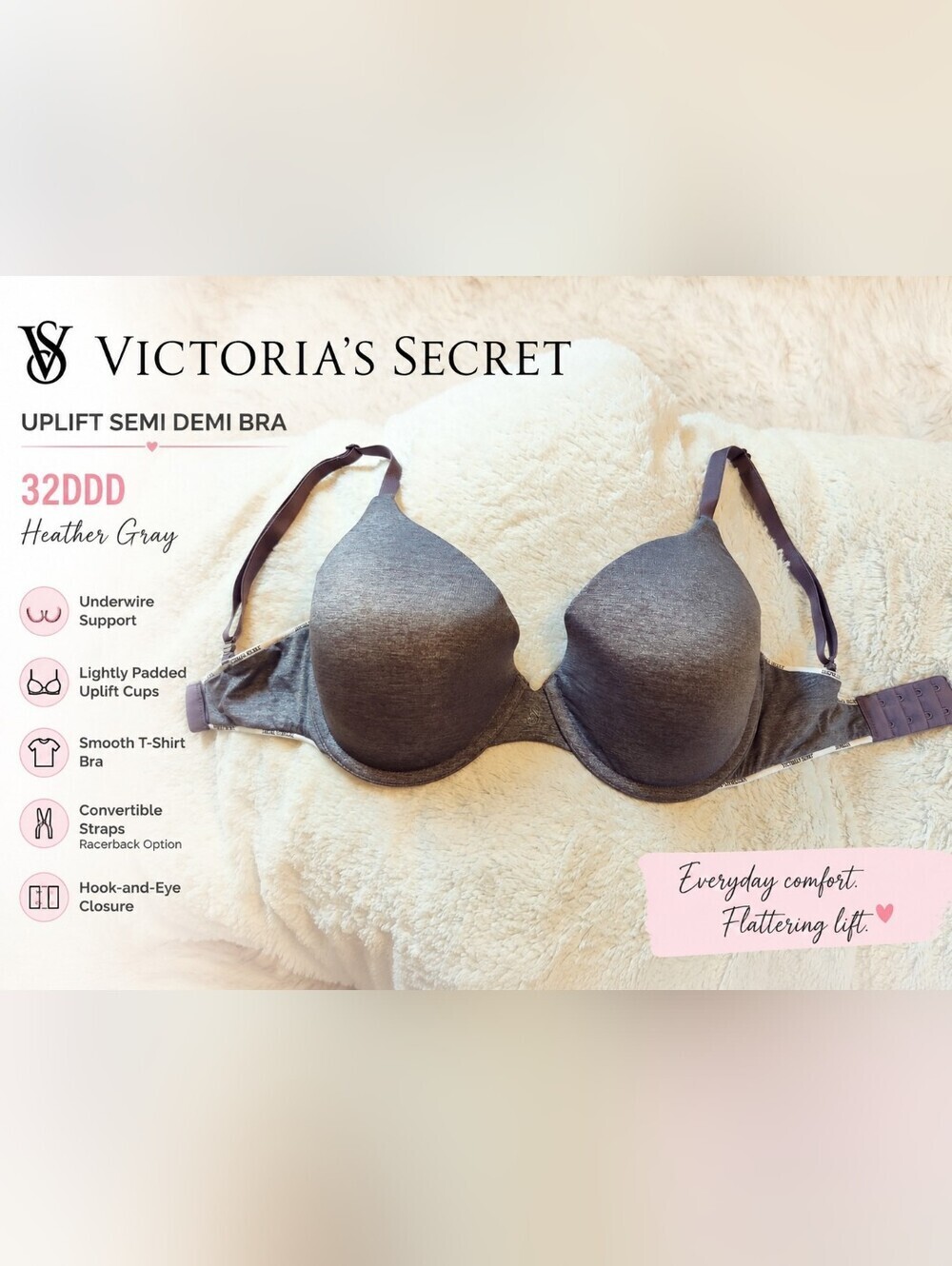 Victoria's Secret Uplift Semi Demi Bra 32DDD Heather Gray T-shirUnderwire Padded